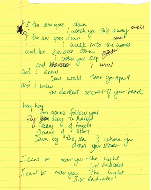 Courtneys Handwritten Malibu Lyrics From The Recording Studio. 1998.