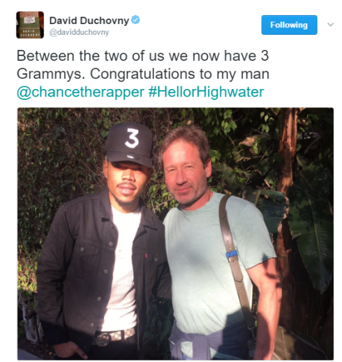 lostdogs10:@davidduchovny Between the two of us we now have 3 Grammys. Congratulations to my man @ch