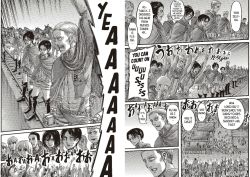 fuku-shuu:  mishhima:  This is perhaps one of my favorite scenes of recent chapters. Because you’ve got all the old veterans like Erwin, Levi and Hanji who are all used to being treated like a waste of tax payers money and a worthless cause. Now people