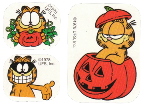 transparentstickers:Three Halloween themed stickers of Garfield the cartoon cat. In the first he’s facing the viewer while happily holding a jack o’ lantern surrounded by vines. In the second he’s smiling widely and holding out a hand while wearing