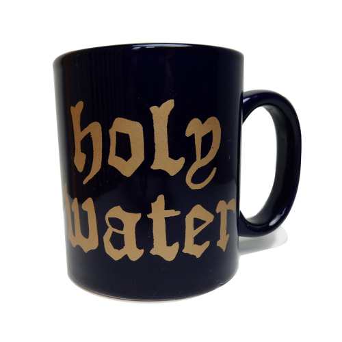 holy water mugs are now available online at fourfingerpress.commetallic gold ink on navy mugs - edit