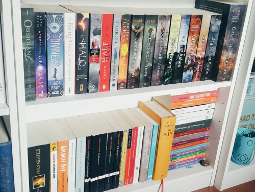 colourmyworld:I was asked to do a bookshelf tour, so here it is! There is a book missing in the 5th picture. 