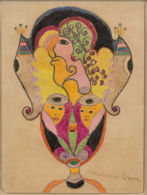 Minnie Evans Untitled (Vase with Two Women’s Faces, Larger Face Above, Two Eyes) Wax on crayon