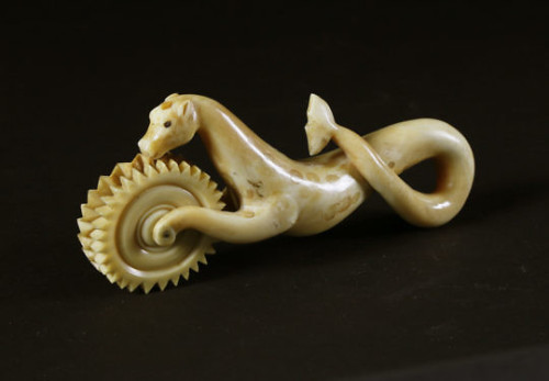 ltwilliammowett: Whaler made scrimshawed whale ivory Sea Horse pie crimper, circa 1850