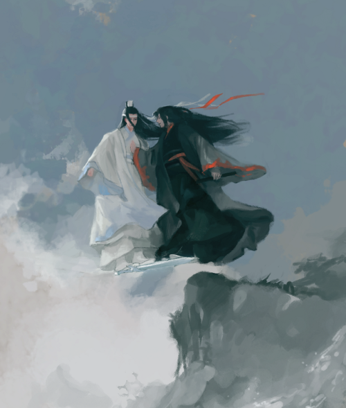 suhaylahs: theholeyness:thanks for the lift, bro [ID: A digital painting of Lan Wangji and Wei Wuxia