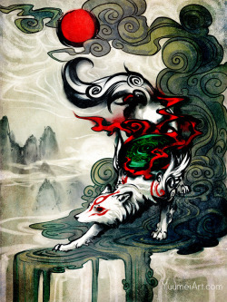yuumei-art:   One of my old Okami fanart done to mimic traditional calligraphic water color :) I wanna try doing more work in that style soon, but right now I’m busy working on the new Fisheye Placebo Chapter. I’ll be showing some sneak-peaks soon!