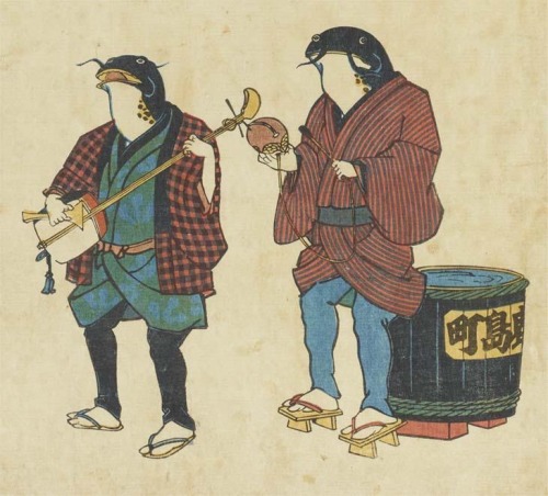 grgdkfa:Two Catfish as Street Musicians in the Kashina district (Jishin no sucharaka) ca. 1855, arti