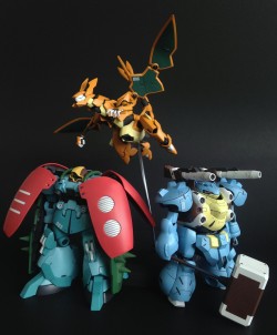 khrisamisu:  In celebration of Pokemon’s 20th anniversary, I made some pokemon themed mobile suit customs :) I present to you…PM-003 “Penelope”PM-006 “Charlie”And last but not least, PM-009 “Sheldon”!   O oO &lt;3