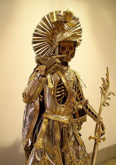 aestheticsandabominations:  The Skeleton and Armor of St. Pancras- Artist Unknown, 1777 “St Pancras was beheaded in 304 during Diocletian’s persecution when he was only 14 years old. His skeleton was clothed in armour in 1777. He now resides at the