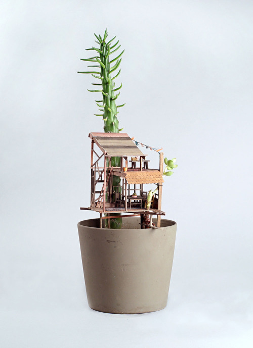 itscolossal: Miniature Treehouse Sculptures Built Around Houseplants by Jedediah Voltz