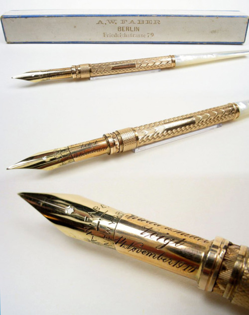 A. W. Faber, gilded dip pen with mother-of-pearl extension, 1910. Via cas1996.deAlready in the secon