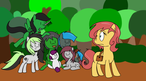 ask-humming-way:  P-Panny! Wait up, i-it’s not what it looks like!!! Punky you can stop hugging me now! (Featured: ask-jade-shine, askbreejetpaw, ask-punky, askgothika, asktheabby) (I just realised how much grey and green ponies there are in this update.