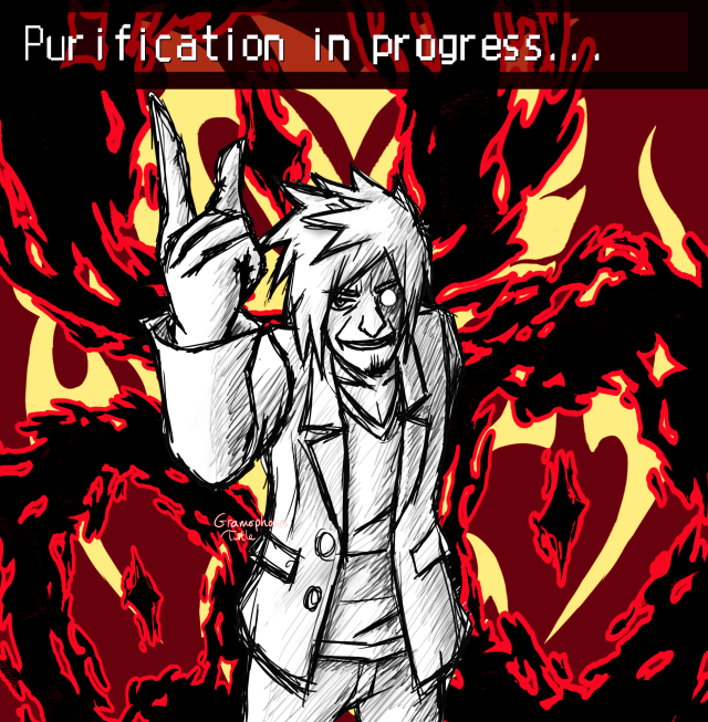 Tanzo Kubo drawn in the grayscale pencil style. There are three rings of Soul Pulvis behind him with a black body and red outline. In the background the almost final form of Phoenix Cantus sigil can be made out in yellow. At the top of the picture, in white pixelated font, says "Purification in progress" in OFF's font style.