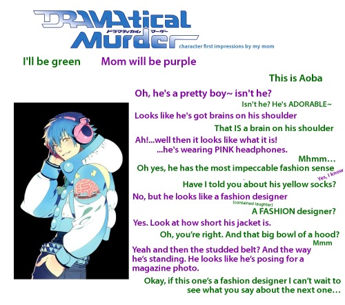 sweetmelonkandy:  hot-gothics:  DRAMAtical Murder First Impressions with my mom I love my mom so much.(she’s in her 60’s, btw) This was great fun to do x3 And she’s actually in the middle of playing the game but she’s only at the beginning of