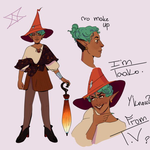 [ID: Digital drawing of Taako, seen thrice. Taako is a tan elf with curly blue-green hair and a dark