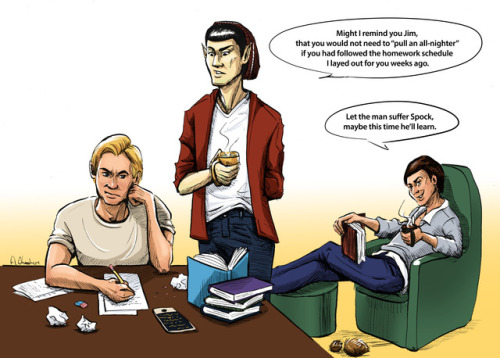 I like to imagine this is what would frequently happen if Kirk, Spock and McCoy studied and roomed t