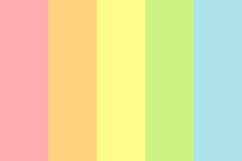 color-palettes: Bubblegum Rainbow - Submitted by Zedetta #ffadb1 #ffd27d #fffc88 #cbf