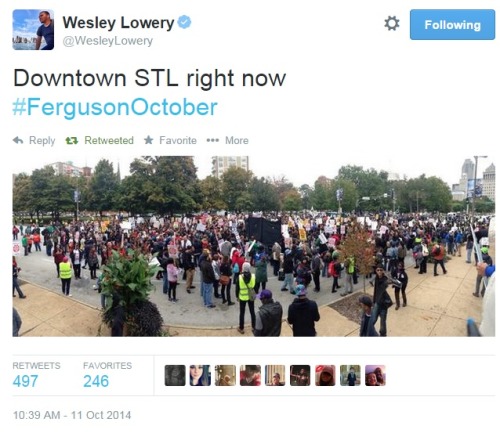 iwriteaboutfeminism:  Protesters gather before the march this afternoon in St. Louis. Saturday, October 11th.   My best friend is there right now