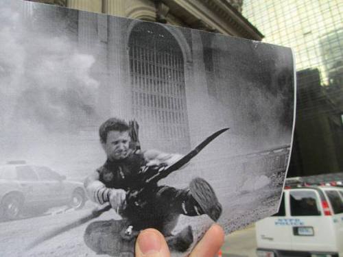 shutupfour:Historical photographs held in their modern location. Wow, tragically beautiful.