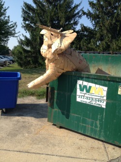 rubbishbinangel:  I REALLY want to know why I found a cardboard dinosaur chillin’ in my dumpster this morning. 
