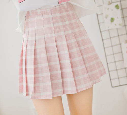 Pink Lattice High-waist Pleated Skirt Women Mini Skirt