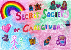 lower-case-numbers:A Secret Society seems very grown up and mature compared to Super Secret Littles Club. I bet they drink coffee and everything.[Image description. Image one, a childish crayon drawing. Rainbow text in all caps reads “Secret Society