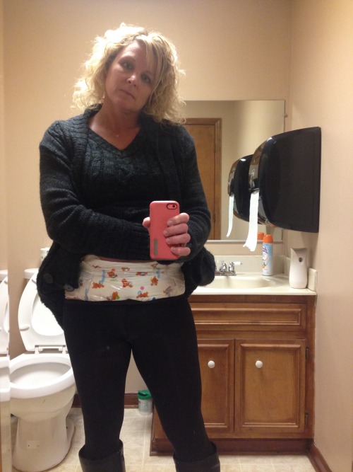 allgonenow4ever: BambinoGirl diapered at work with leggings and boots.