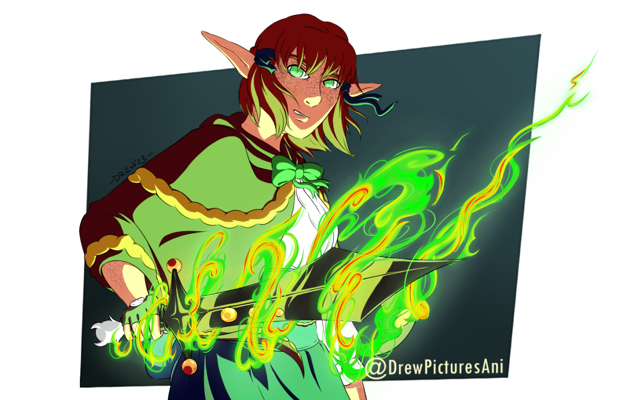 a digital illustration depicting Kole, a young elven woman holding a strange sword. The sword is surrounded by twisting green flames, lighting her with a harsh, bright green glow. Drawn by DrewPicturesAni.