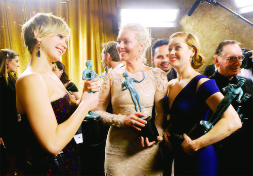 Jennifer Lawrence, Elizabeth Rohm and Amy Adams after winning Outstanding Performance by a Cast in a