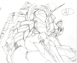 ateliergokujou:  EP2 C_266Berserk Eva Unit 01 turns to face Sachiel *also of note is the Tatsunoko watermark on the sequence papers