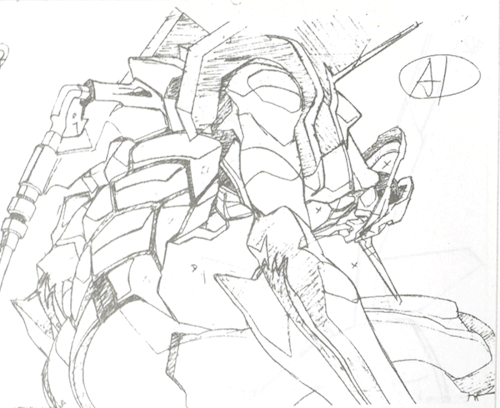 ateliergokujou:  EP2 C_266Berserk Eva Unit 01 turns to face Sachiel *also of note is the Tatsunoko watermark on the sequence papers