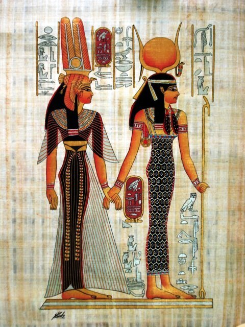Painting from the tomb of 19th dynasty Queen Nefertari being led into the afterlife by the Goddess I