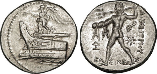 ancientcoins:Pella, Macedonia; Silver Stater of Demetrios Poliorcetes; Diameter: 26.5mm; Die Axis: 2