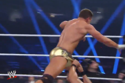 rwfan11:  Cody Rhodes- front of trunks yanked by Del Rio  Del Rio you should have ripped them off!