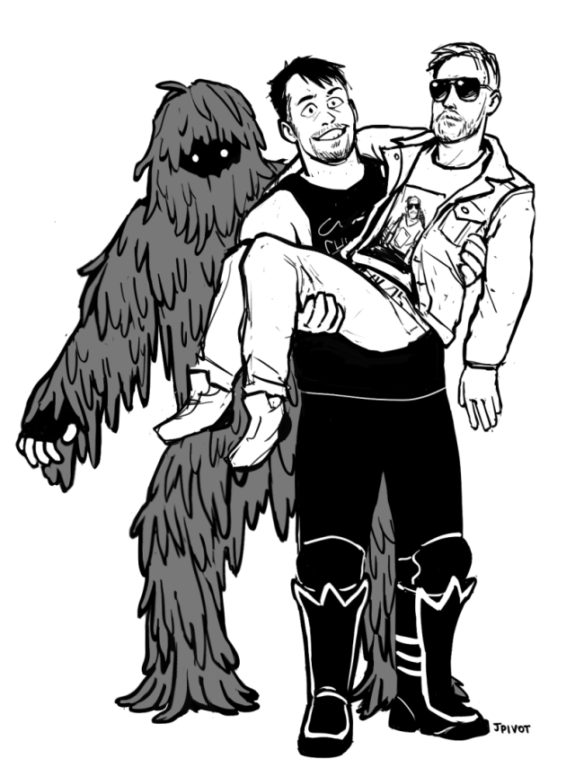 a drawing of the wrestling tag team "the gentleman's club". chuck taylor is holding orange cassidy bridal-style in his arms and standing behind him is "swamp monster", who is a person in a ghillie suit