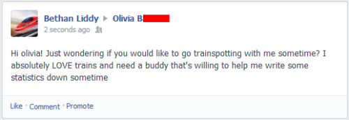 adrians1:  adrians1:  a friend came round to help me revise and forgot to log out of her facebook on my laptop so I’ve spent the last 20 minutes devoting her facebook to trains. I’ve also got the middle name “ILikeTrains” pending and have joined