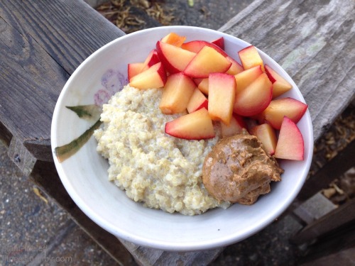 Quinoa Porridge with Almond Butter and Plums. Quinoa, Almond Milk, Salt, Cinnamon, Almond Butter, Pl