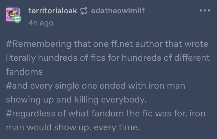 getintherobot:greentrickster:People discussing ‘unhinged’ fanfiction always seem