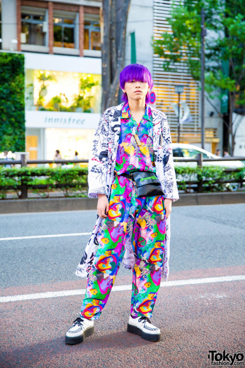 20-year-old student Kanade on the street in Harajuku wearing a mixed prints look by the Japanese bra