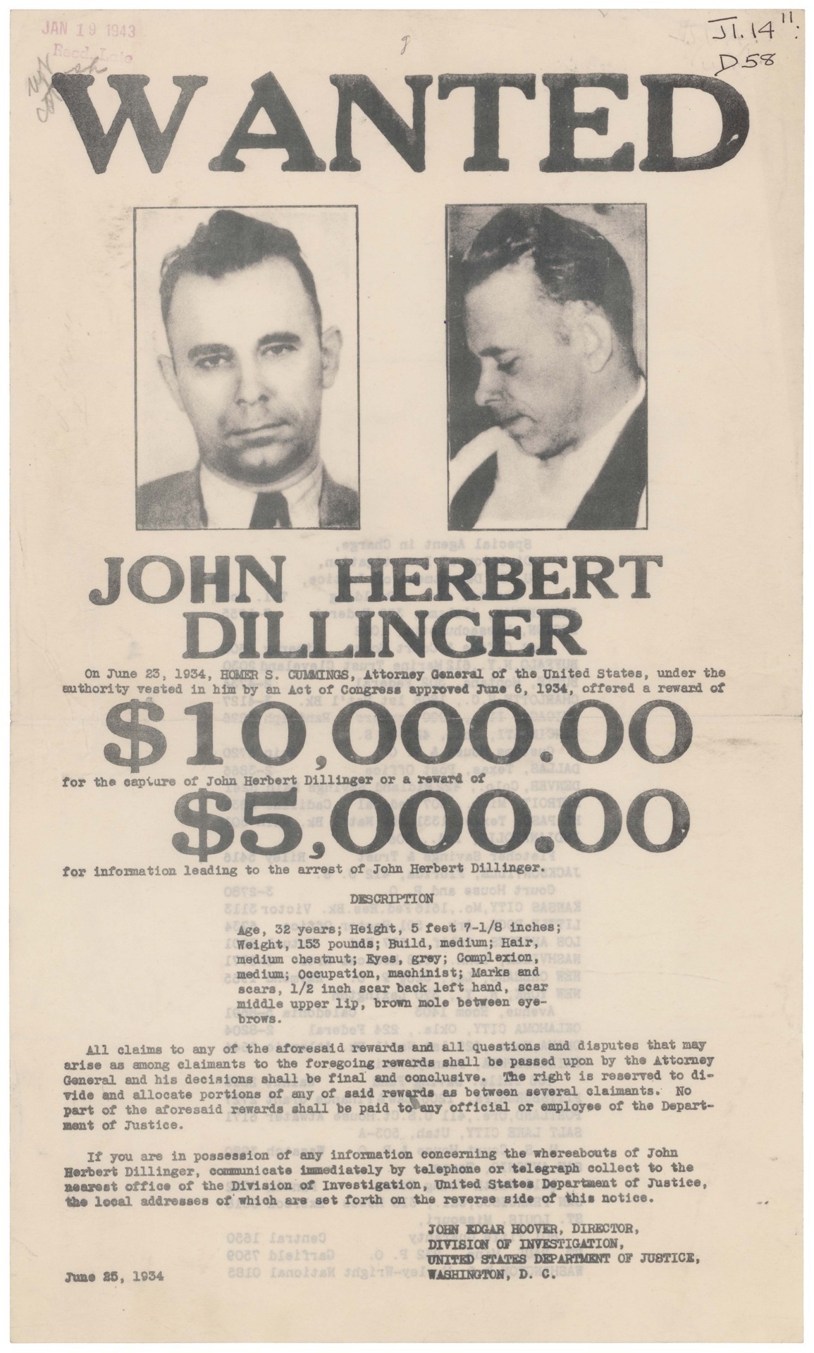 676 GANGSTER JOHN DILLINGER ORIGINAL GANGSTER WANTED FBI NOVELTY POSTER 11x14" 