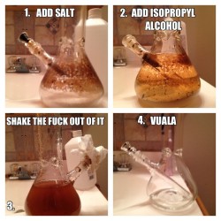 thefourtwentytimes:  thatsgoodweed:  HOW TO CLEAN YOUR BONG   Voila -„ and the use of 91% alcohol actually means you might be able to make it happen FAST.  add a lil Orange Clean and it’s a wrap. sparkly nice clean glass.  put down stem and bowls