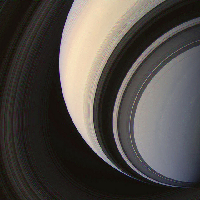 spacettf:
“ Saturn RGB 7-13-13 by Lights In The Dark on Flickr.
Via Flickr:
A color-somposite of raw Cassini images acquired on July 13, 2013. We are looking at Saturn’s southern hemisphere (south pole is at bottom right) with the shadows of the...