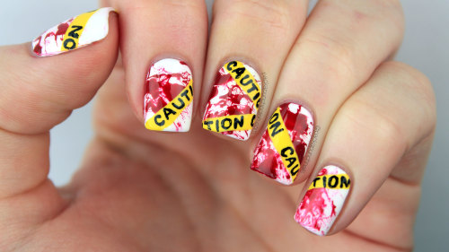 Caution Tape with Blood Splatter nail art!