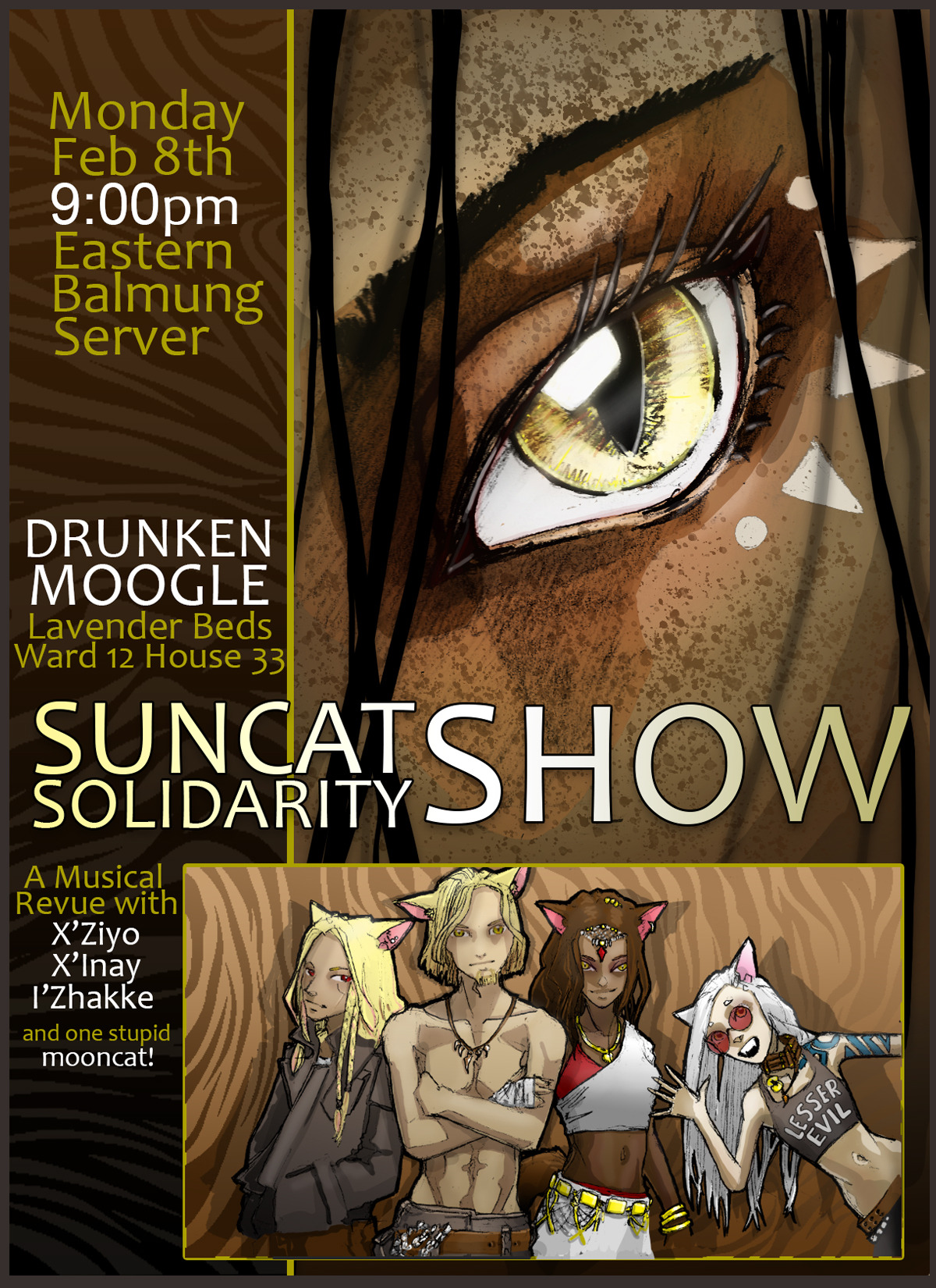 SUNcat Solidarity Night at the DRUNKEN MOOGLE! Come show your stripes!
@drunkenmoogle @x-inay @ziyo-yo @balmungrpcalendar @balmungrp