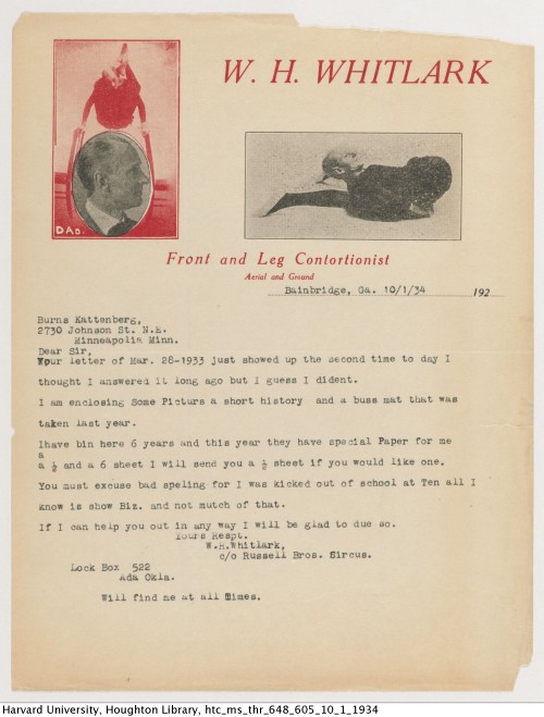 Letter from W.H. Whitlark to Burns Kattenberg, 1934. Burns M. Kattenberg collection on contortion.MS