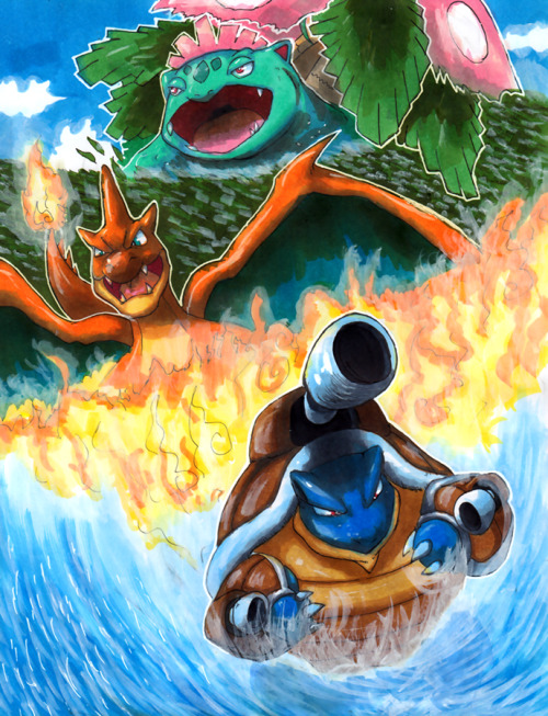 iheartnintendomucho:  Mega Kanto Starters by Matsuyama-takeshi The recent batch of official Pokemon artwork is starting to look like really awesome fanart. This lovely piece isn’t official, but it should be. Can’t wait for the fun of using these three
