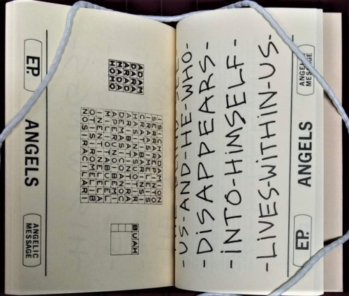 Two pages from the magazine "Tree" showing original artwork. Artwork includes the typed words "Angelic Message" and the handwritten words "HE WHO DISAPPEARS INTO HIMSELF LIVES WITHIN US"