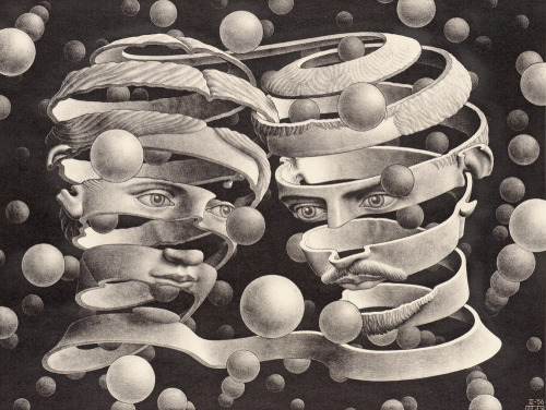 misterlemonzafterlife:  artist-mcescher:Bond of Union, 1956, M.C. Escher https://MisterLemonzAfterlife.tumblr.com/archive