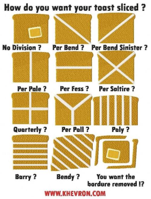 heraldrydiculous:A lesson in Field Divisions with Toast.  Everyone likes Toast!