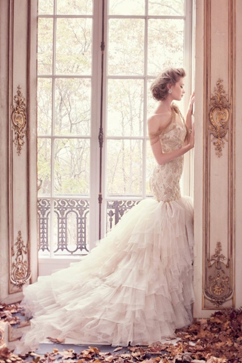 landybridalblog: Romantic Sweetheart Dropped Train Tulle Ivory Sleeveless Wedding Dress with Beading